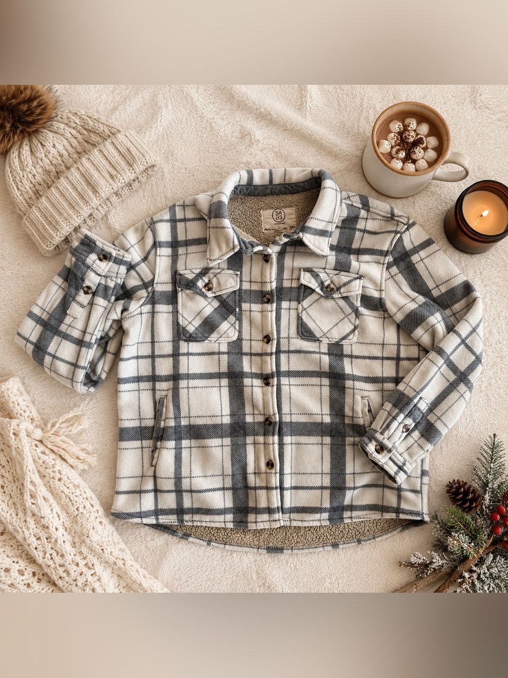 SAGE Collective Plaid Sherpa Lined Shacket Jacket Gray White Women’s XL